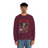 Unisex Heavy Blend Crewneck Sweatshirt Betrayed Angel Destroy Graphic Pullover Black Gothic Streetwear Fire Print Bold Motivational Urban Fashion Outfit