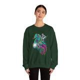Seahorse Knight Neon Warrior Unisex Heavy Blend Crewneck Sweatshirt Vibrant Cyberpunk Fantasy Streetwear Pullover Futuristic Oceanic Armor Design For Gamers Creators Dreamers And Art Lovers