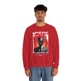 Mystic Mask Flames Graphic Unisex Heavy Blend Crewneck Sweatshirt Hustler Streetwear Motivational Dark Mystery Bold Fire Design