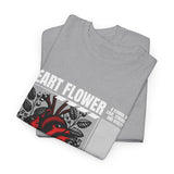 Heart Flower Graphic Unisex Heavy Cotton Tee Comfortable Streetwear T Shirt Bold Red and Black Floral Heart Design Symbol of Love Strength and Vitality Perfect Gift for Friends Birthdays and Casual Everyday Wear