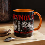 Money Ambition Accent Coffee Mug 11oz 15oz Black Ceramic Cup with Bold Red Typography and Cash Stack Design for Entrepreneurs and Hustlers