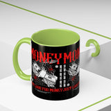 Money Ambition Accent Coffee Mug 11oz 15oz Black Ceramic Cup with Bold Red Typography and Cash Stack Design for Entrepreneurs and Hustlers