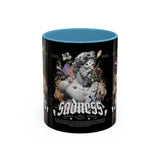 Sadness Statue Accent Coffee Mug 11oz 15oz Two Tone Ceramic Gothic Art Cup with Butterfly and Flame Design