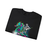 Seahorse Knight Neon Warrior Unisex Heavy Blend Crewneck Sweatshirt Vibrant Cyberpunk Fantasy Streetwear Pullover Futuristic Oceanic Armor Design For Gamers Creators Dreamers And Art Lovers