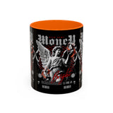Money Bright Accent Coffee Mug 11oz 15oz Black Ceramic Gothic Angel Statue Design with Red Neon Artwork for Hustlers and Bold Thinkers