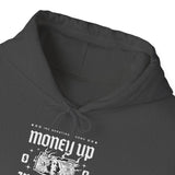 Money Up In Flames Unisex Heavy Blend Hooded Sweatshirt Graphic Hoodie Black Bold Hustle Fire Money Design Streetwear Entrepreneur Alpha Mindset Wealth Fashion