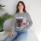 Heart Flower Graphic Unisex Heavy Blend Crewneck Sweatshirt Comfortable Streetwear Pullover Bold Red and Black Floral Heart Design Symbol of Love Strength and Vitality Perfect Gift for Friends Birthdays Cozy Days and Everyday Wear