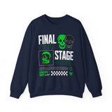 Final Stage Unisex Heavy Blend Crewneck Sweatshirt Graphic Pullover Black Skull Neon Green Streetwear Futuristic Cyberpunk Bold Artistic Fashion Outfit