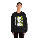 Not Alone Alien Unisex Crewneck Sweatshirt UFO Cartoon Graphic Pullover Extraterrestrial Sci Fi Space Themed Conspiracy Inspired Paranormal Streetwear