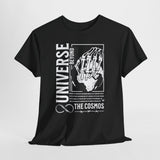 Universe Beyond The Cosmos Unisex Heavy Cotton Tee Graphic Black T Shirt Skeleton Hand Space Infinity Streetwear Futuristic Sci Fi Artistic Fashion Outfit