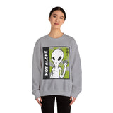 Not Alone Alien Unisex Crewneck Sweatshirt UFO Cartoon Graphic Pullover Extraterrestrial Sci Fi Space Themed Conspiracy Inspired Paranormal Streetwear