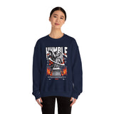 Humble Angel Statue Unisex Heavy Blend Crewneck Sweatshirt Graphic Pullover Streetwear Fire Print Bold Motivational Urban Fashion Outfit