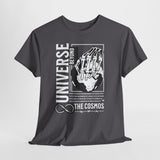 Universe Beyond The Cosmos Unisex Heavy Cotton Tee Graphic Black T Shirt Skeleton Hand Space Infinity Streetwear Futuristic Sci Fi Artistic Fashion Outfit