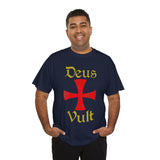 Deus Vult Unisex T Shirt Medieval Crusader Cross Graphic Tee Warrior Knight Inspired Vintage Christian Symbol Heavy Cotton Streetwear