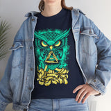 The Watcher Owl All Seeing Wisdom Unisex Heavy Cotton Tee Futuristic Mystic Streetwear T Shirt With Geometric Owl Symbol Neon Glow Artistic Design For Thinkers Visionaries And Night Owls