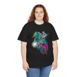 Seahorse Knight Neon Warrior Unisex Heavy Cotton Tee Futuristic Cyberpunk Fantasy Streetwear T Shirt Vibrant Medieval Armor Design Perfect For Gamers Dreamers And Art Lovers