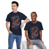 Inferno Spirit Fiery Dragon Whiskey Bottle Unisex Heavy Cotton Tee Bold Biker Streetwear Artistic Snake Flame Design Symbol of Power Energy and Rebellion Graphic Shirt