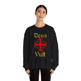 Unisex Deus Vult Crewneck Sweatshirt Medieval Crusader Cross Heavy Blend Fleece Pullover Warrior Knight Inspired Vintage Christian Symbol Streetwear