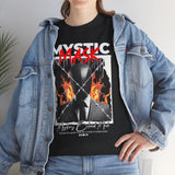 Mystic Mask Flames Graphic Unisex Heavy Cotton Tee Hustler Streetwear Motivational Dark Mystery Bold Design