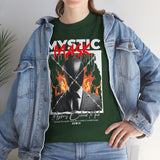 Mystic Mask Flames Graphic Unisex Heavy Cotton Tee Hustler Streetwear Motivational Dark Mystery Bold Design