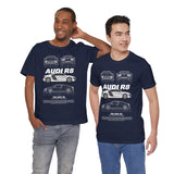 White Mid Engine Sports Coupe Blueprint Artwork Unisex Heavy Cotton Tee High Performance Inspired Streetwear Graphic Shirt For Car Enthusiasts And Automotive Art Fans