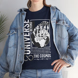 Universe Beyond The Cosmos Unisex Heavy Cotton Tee Graphic Black T Shirt Skeleton Hand Space Infinity Streetwear Futuristic Sci Fi Artistic Fashion Outfit