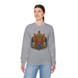 Unisex Mythical Tribal Mask Crewneck Sweatshirt Heavy Blend Pullover Cultural Warrior Spirit Inspired Festival Graphic Art Streetwear Top