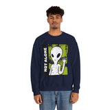 Not Alone Alien Unisex Crewneck Sweatshirt UFO Cartoon Graphic Pullover Extraterrestrial Sci Fi Space Themed Conspiracy Inspired Paranormal Streetwear