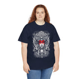Mystic Warrior Goddess Unisex Heavy Cotton Tee Bold Monochrome Tribal Design Powerful Feminine Energy Streetwear Graphic T-Shirt for Art Lovers Festivals and Everyday Wear