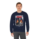 Mystic Mask Flames Graphic Unisex Heavy Blend Crewneck Sweatshirt Hustler Streetwear Motivational Dark Mystery Bold Fire Design