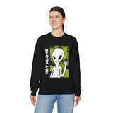 Not Alone Alien Unisex Crewneck Sweatshirt UFO Cartoon Graphic Pullover Extraterrestrial Sci Fi Space Themed Conspiracy Inspired Paranormal Streetwear