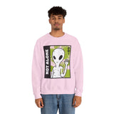 Not Alone Alien Unisex Crewneck Sweatshirt UFO Cartoon Graphic Pullover Extraterrestrial Sci Fi Space Themed Conspiracy Inspired Paranormal Streetwear