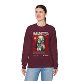 Haunted Warrior Unisex Heavy Blend Crewneck Sweatshirt Graphic Pullover Black Samurai Ninja Fighter Bold Red Streetwear Futuristic Artistic Fashion Outfit