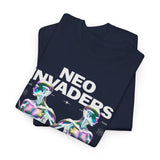 Neo Invaders Futuristic Holographic Graphic Unisex Heavy Cotton Tee Bold Sci Fi Cyberpunk Streetwear Statement T Shirt