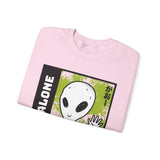 Unisex Not Alone Alien Crewneck Sweatshirt UFO Cartoon Graphic Pullover Extraterrestrial Sci Fi Space Themed Conspiracy Inspired Paranormal Streetwear