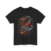 Inferno Spirit Fiery Dragon Whiskey Bottle Unisex Heavy Cotton Tee Bold Biker Streetwear Artistic Snake Flame Design Symbol of Power Energy and Rebellion Graphic Shirt