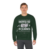 Money Up In Flames Unisex Heavy Blend Crewneck Sweatshirt Graphic Pullover Black Hustler Fire Money Design Bold Streetwear Entrepreneur Alpha Mindset Wealth Fashion
