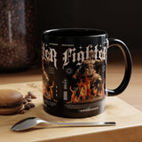 Fighter Accent Coffee Mug 11oz 15oz Black Ceramic Cup with Greek Warrior Statue and Flames Design for Hustlers and Motivated Minds