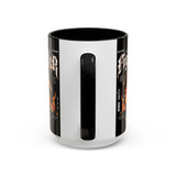 Fighter Accent Coffee Mug 11oz 15oz Black Ceramic Cup with Greek Warrior Statue and Flames Design for Hustlers and Motivated Minds