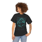 Prehistoric Thunder Unisex Heavy Cotton Tee Neon Raptor Design Electric Blue Lightning Artwork Bold Streetwear Statement For Dinosaur Lovers And Retro Art Fans