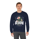 Bloom Stronger Floral Graphic Crewneck Comfortable Unisex Sweatshirt Motivational Streetwear Inspirational Empowerment Design for Self Growth Resilience Perfect Gift for Friends Birthdays Cozy Days Casual Wear