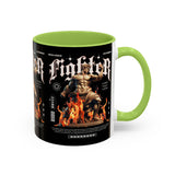 Fighter Accent Coffee Mug 11oz 15oz Black Ceramic Cup with Greek Warrior Statue and Flames Design for Hustlers and Motivated Minds