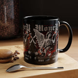Money Bright Angel Accent Coffee Mug 11oz 15oz Gothic Statue Black Ceramic Cup with Red Flames and Cash Design for Hustlers
