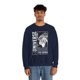 Universe Beyond The Cosmos Unisex Heavy Blend Crewneck Sweatshirt Graphic Pullover Black Skeleton Hand Space Infinity Streetwear Futuristic Sci Fi Artistic Fashion Outfit