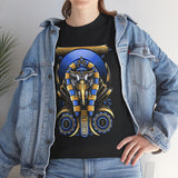 Eye Of Eternity Unisex Heavy Cotton Tee Ancient Egyptian Owl Pharaoh Gold And Blue Cosmic Streetwear Tee For Spiritual Strength And Timeless Power