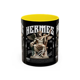 Hermes Accent Coffee Mug 11oz 15oz Black Ceramic Mythology Cup with Greek God Winged Statue Design for History Lovers and Art Enthusiasts