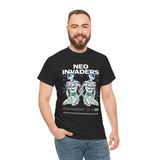 Neo Invaders Futuristic Holographic Graphic Unisex Heavy Cotton Tee Bold Sci Fi Cyberpunk Streetwear Statement T Shirt