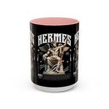 Hermes Accent Coffee Mug 11oz 15oz Black Ceramic Mythology Cup with Greek God Winged Statue Design for History Lovers and Art Enthusiasts