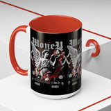 Money Bright Angel Accent Coffee Mug 11oz 15oz Gothic Statue Black Ceramic Cup with Red Flames and Cash Design for Hustlers