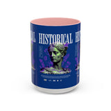 Historical Accent Coffee Mug 11oz 15oz Black Ceramic Cup with Greek Goddess Statue and Purple Floral Design for Art and History Lovers